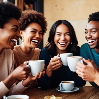 Four diverse friends laughing over coffee