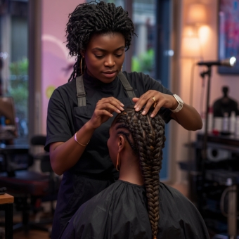 Natural hairstylist braiding a client's hair in a salon